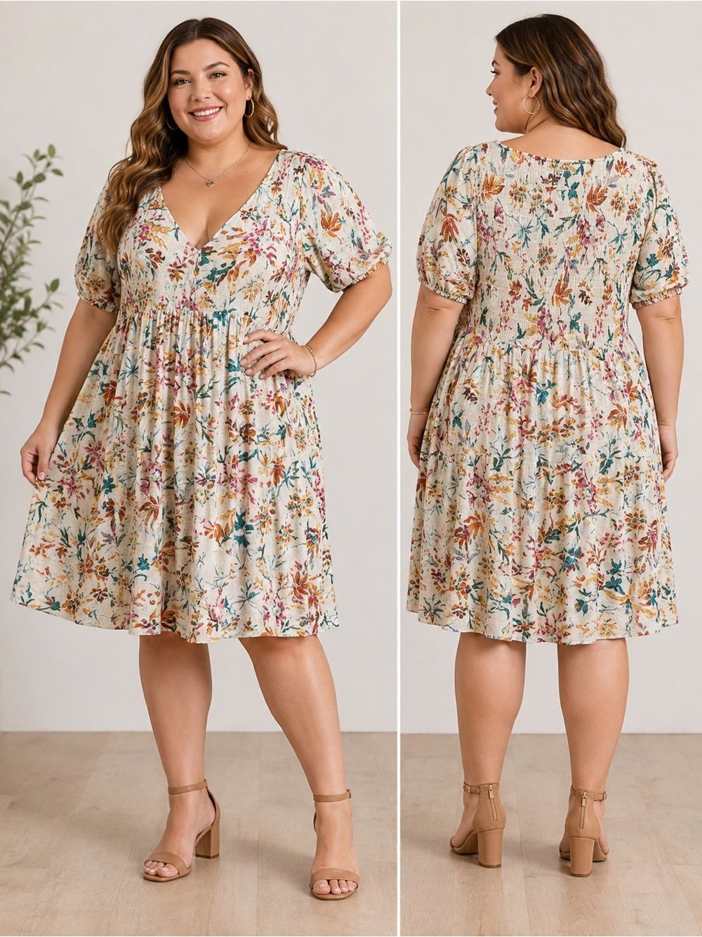 Torrid Size 5 Floral Smocked V-Neck Midi Dress Ivory Boho Cottagecore Puff Sleev